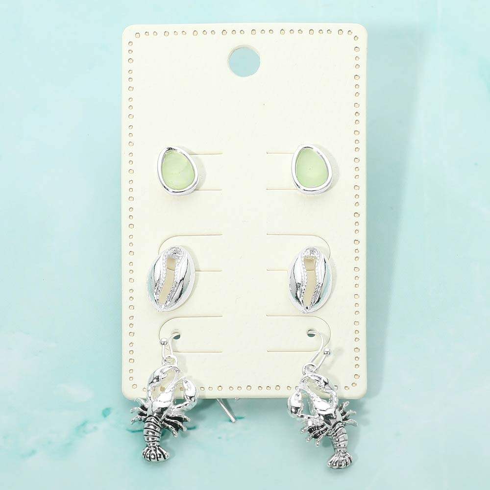3Pairs - Sea Glass Shell Lobster Earring Set - Madeline Love - Flyclothing LLC