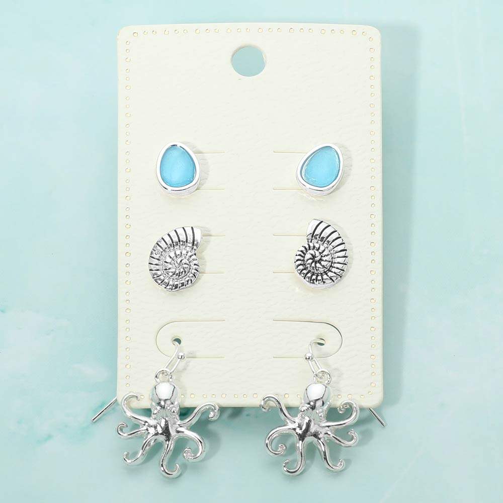 3Pairs - Sea Glass Swirl Shell Octopus Earring Set - Madeline Love - Flyclothing LLC