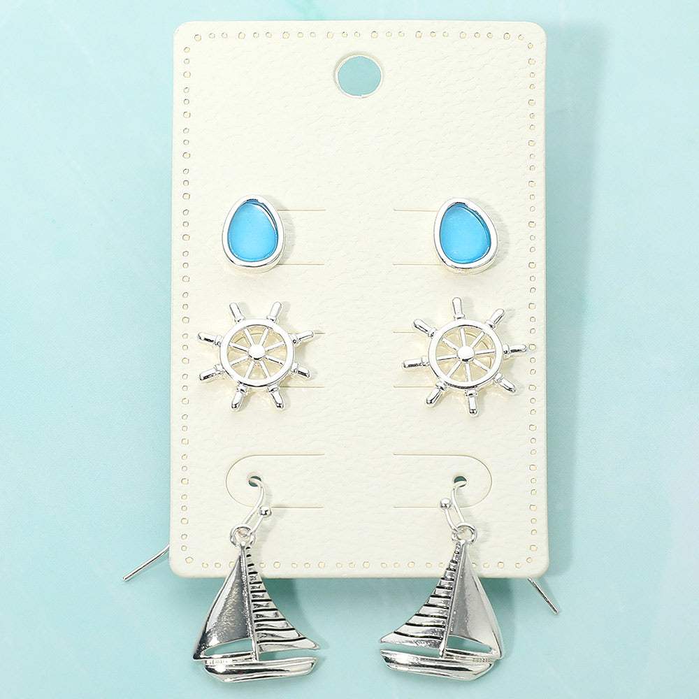 3Pairs - Sea Glass Nautical Anchor Stud Metal Boat Drop Dangle Earring Set - Madeline Love - Flyclothing LLC