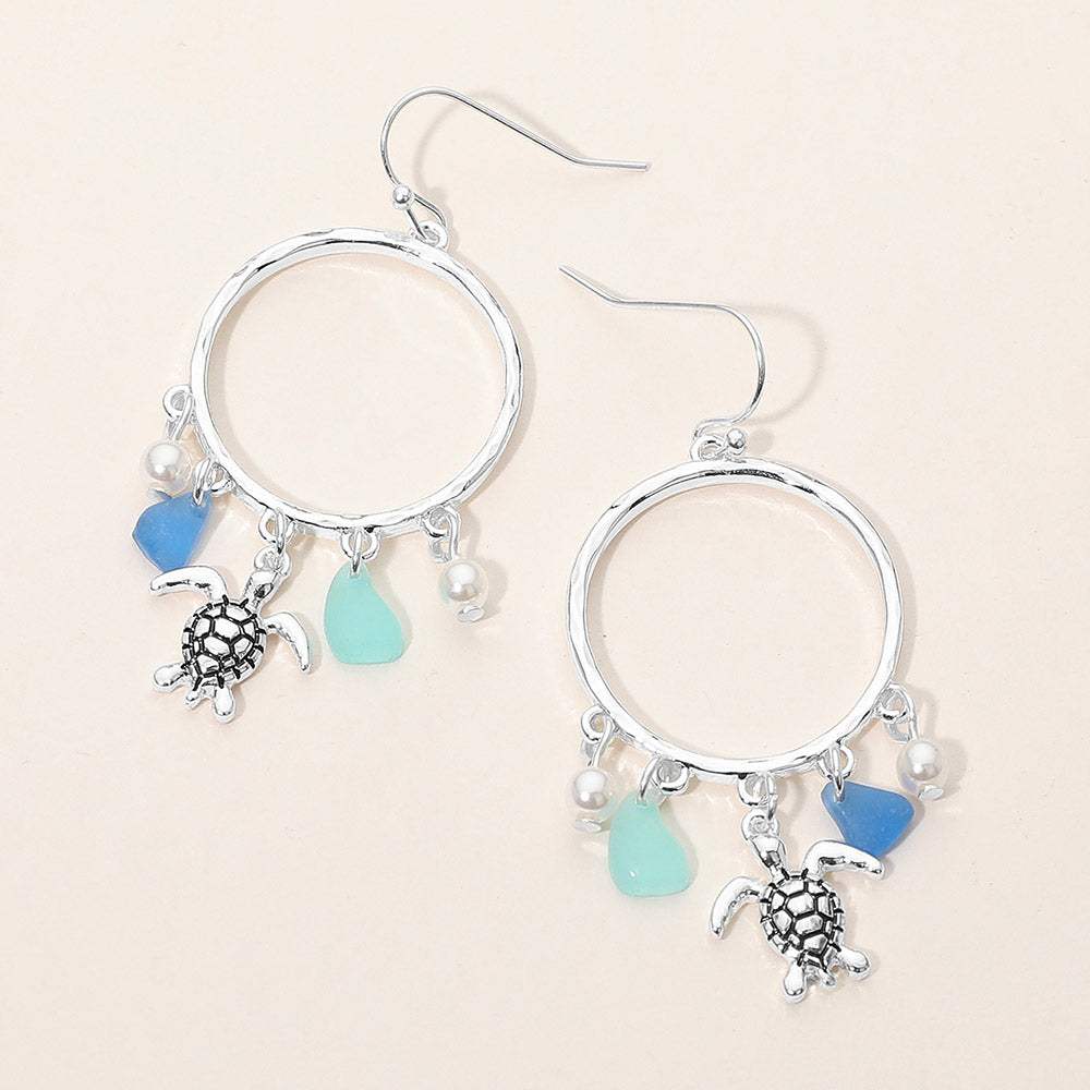 Sea Turtle Sea Glass Charm Drop Open Ring Dangle Earrings - Madeline Love - Flyclothing LLC