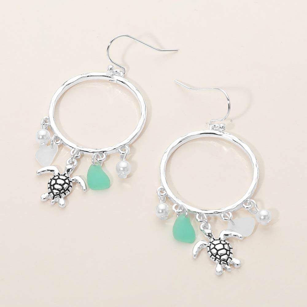 Sea Turtle Sea Glass Charm Drop Open Ring Dangle Earrings - Madeline Love - Flyclothing LLC