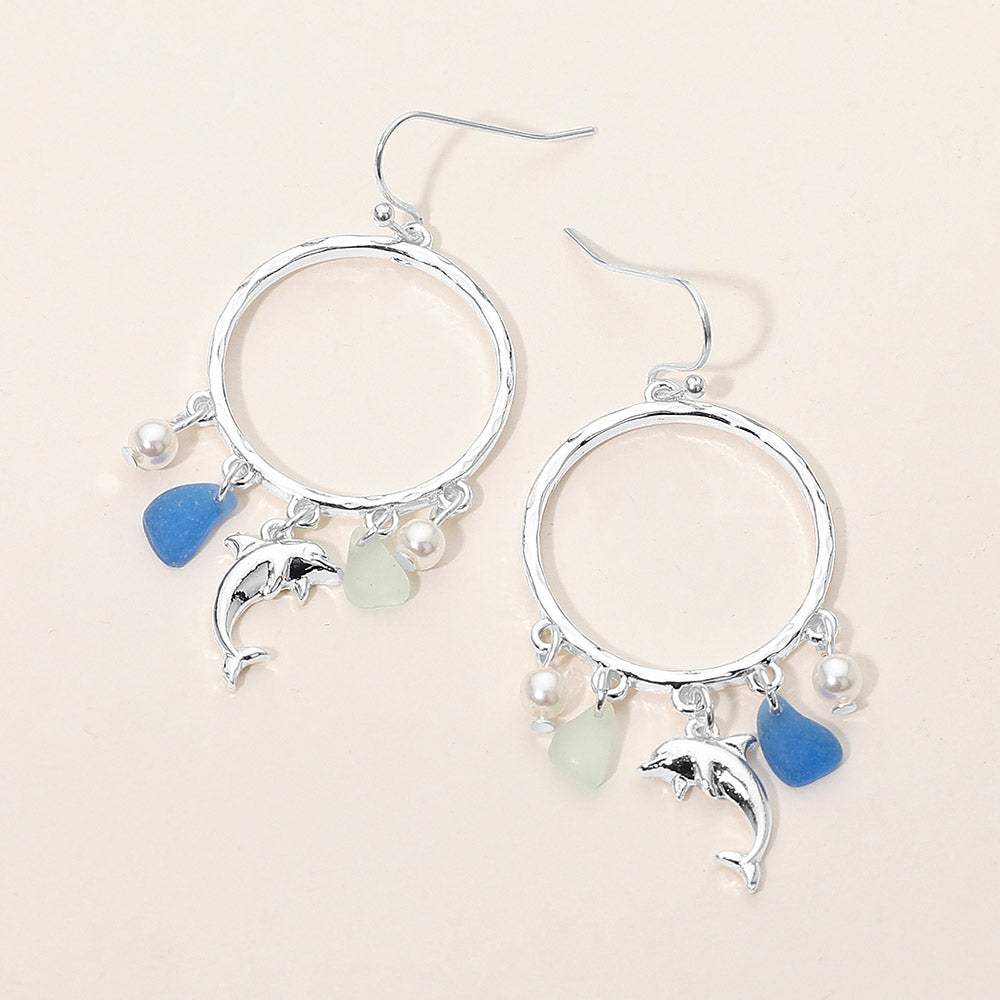 Dolphin Sea Glass Charm Drop Open Ring Dangle Earrings - Madeline Love - Flyclothing LLC