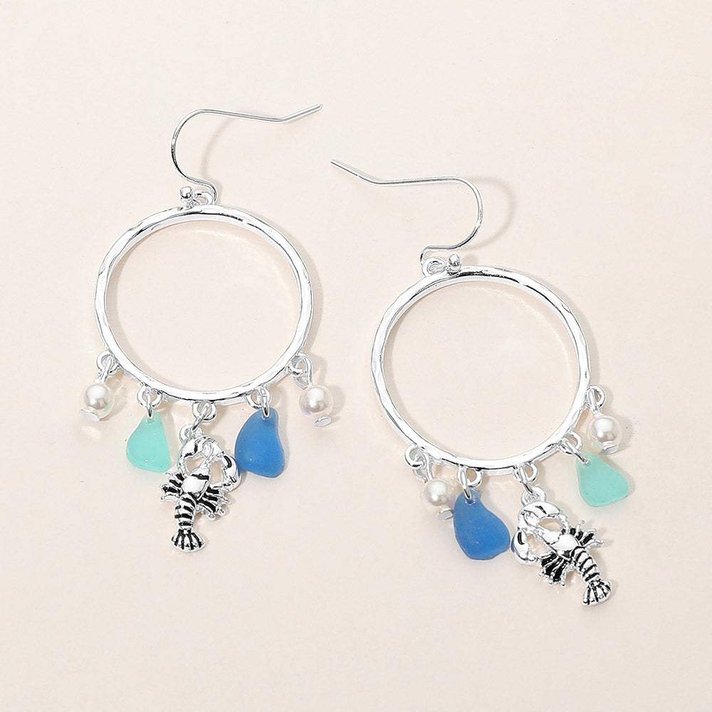 Lobster Sea Glass Charm Drop Open Ring Dangle Earrings - Madeline Love - Flyclothing LLC