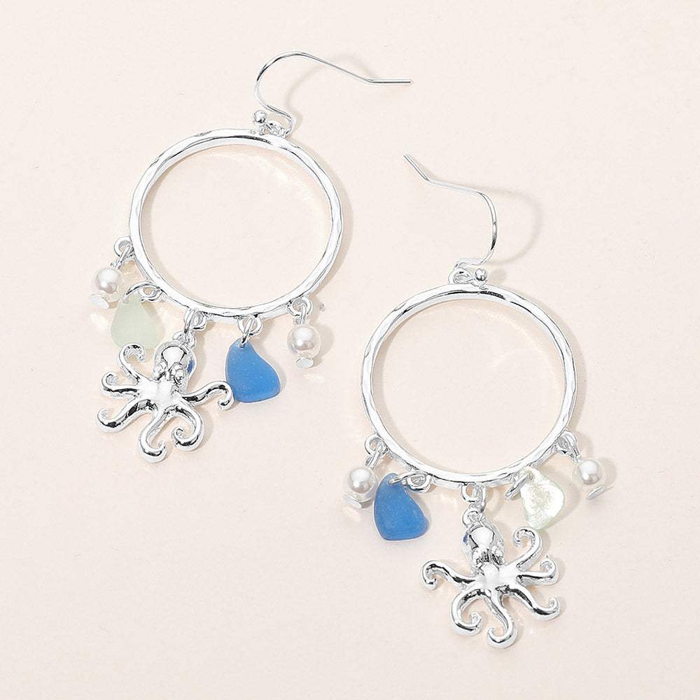 Octopus Sea Glass Charm Drop Open Ring Dangle Earrings - Madeline Love - Flyclothing LLC