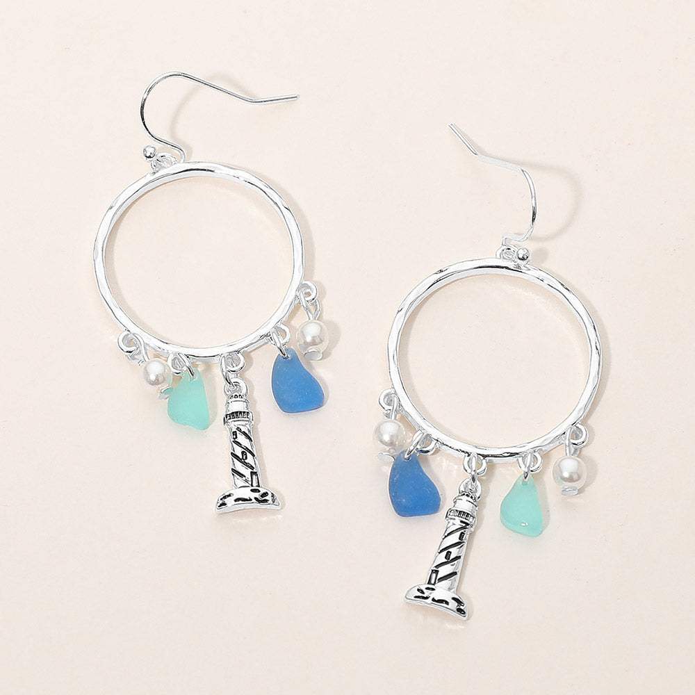Lighthouse Sea Glass Charm Drop Open Ring Dangle Earrings - Madeline Love - Flyclothing LLC