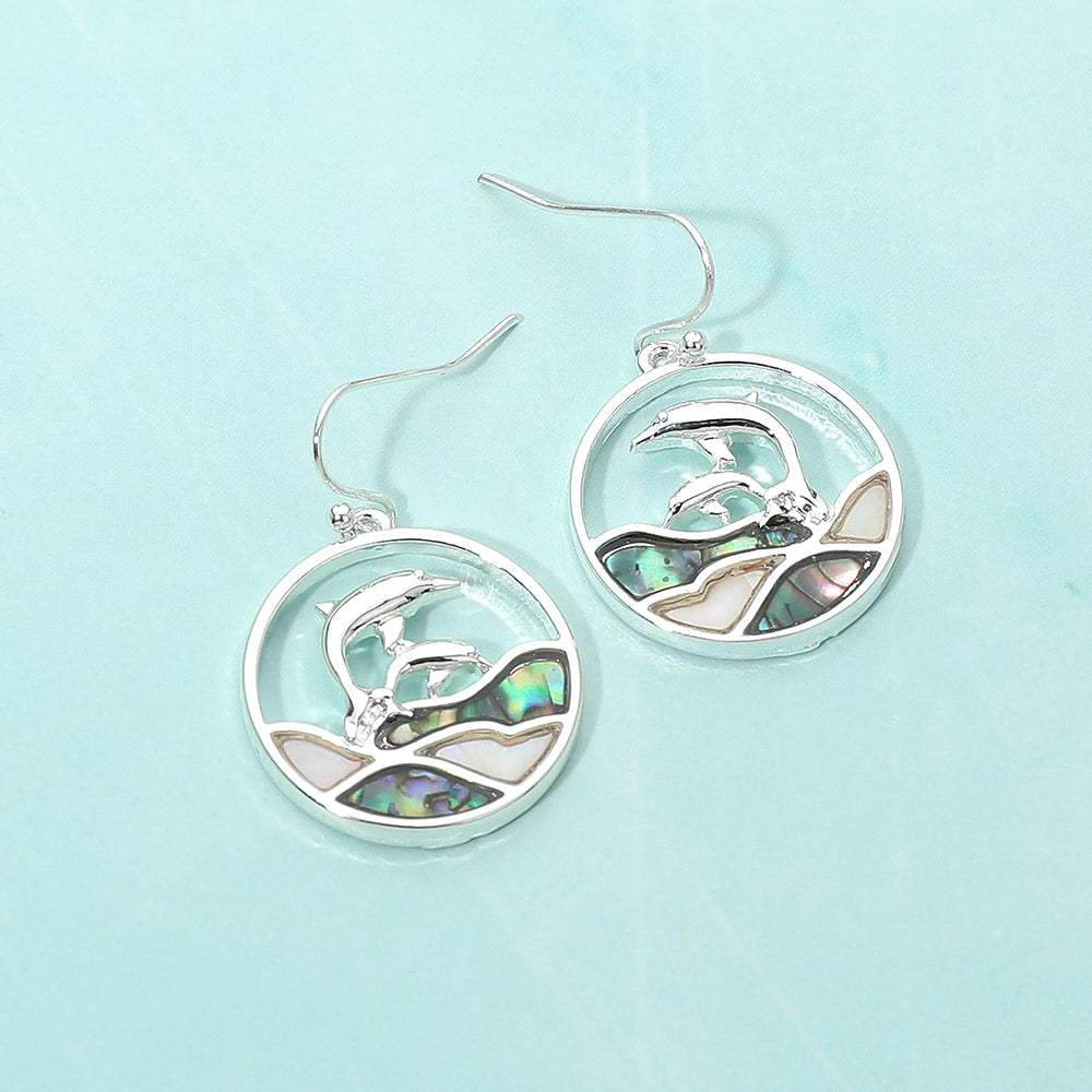 Abalone Double Dolphin Wave Round Dangle Earrings - Madeline Love - Flyclothing LLC