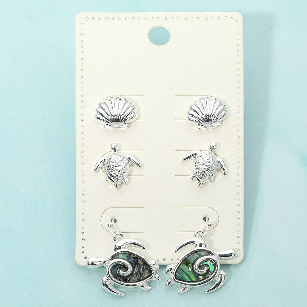 3Pairs - Metal Shell Turtle Stud Abalone Stud Drop Dangle Earring Set - Madeline Love - Flyclothing LLC