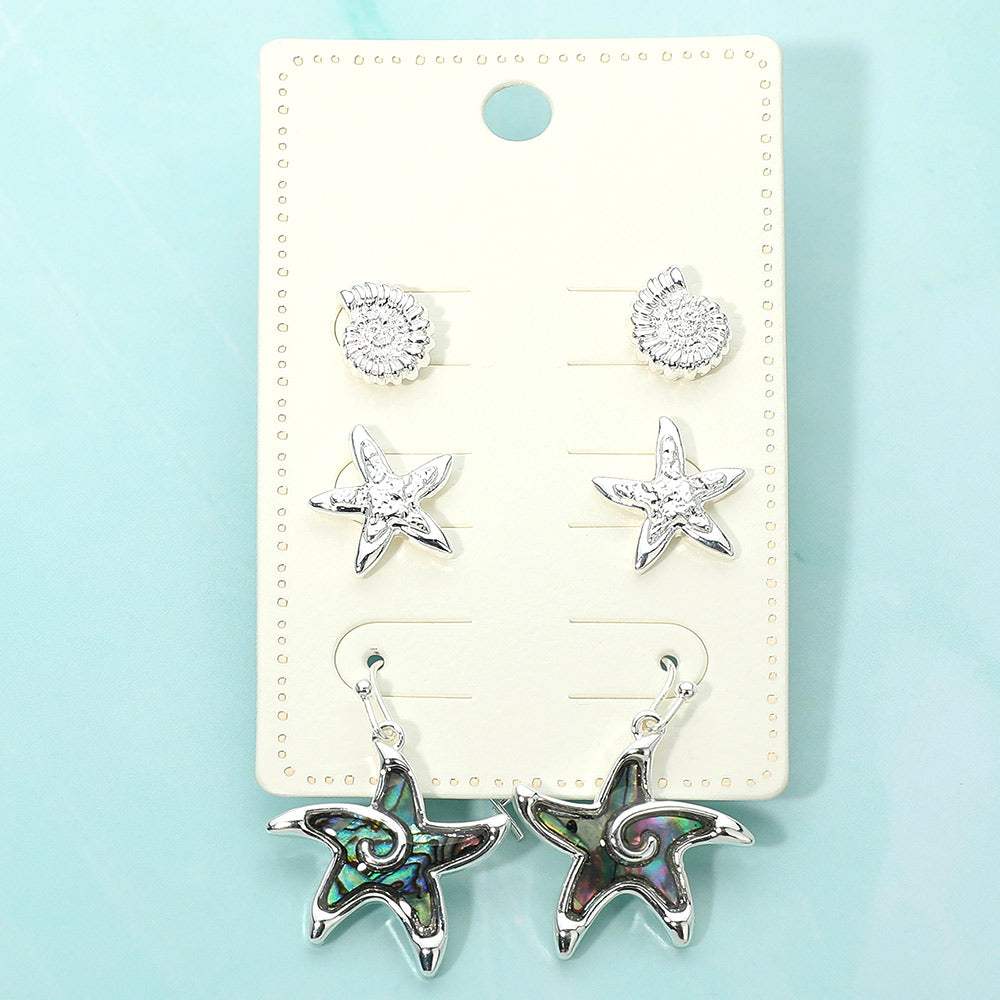 3Pairs - Metal Shell Starfish Stud Abalone Starfish Drop Dangle Earring Set - Madeline Love - Flyclothing LLC