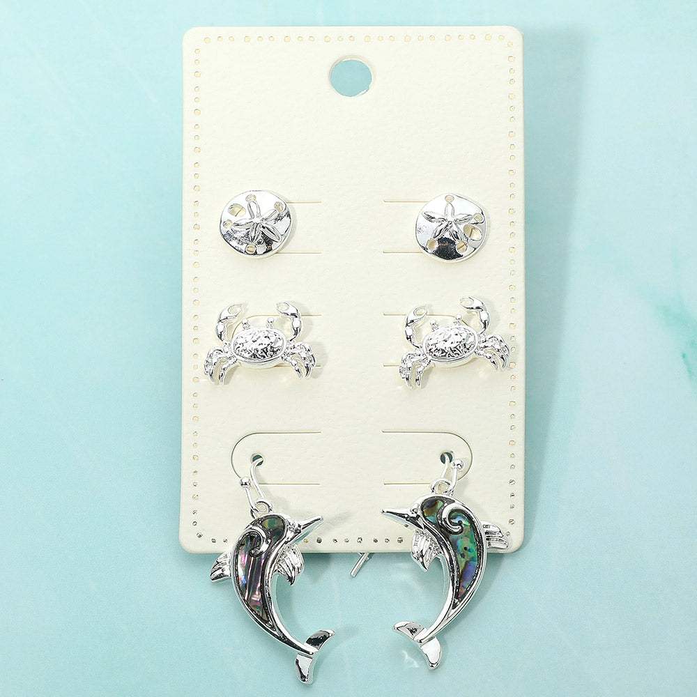 3Pairs - Metal Sand Dollar Crab Stud Abalone Dolphin Drop Dangle Earring Set - Madeline Love - Flyclothing LLC