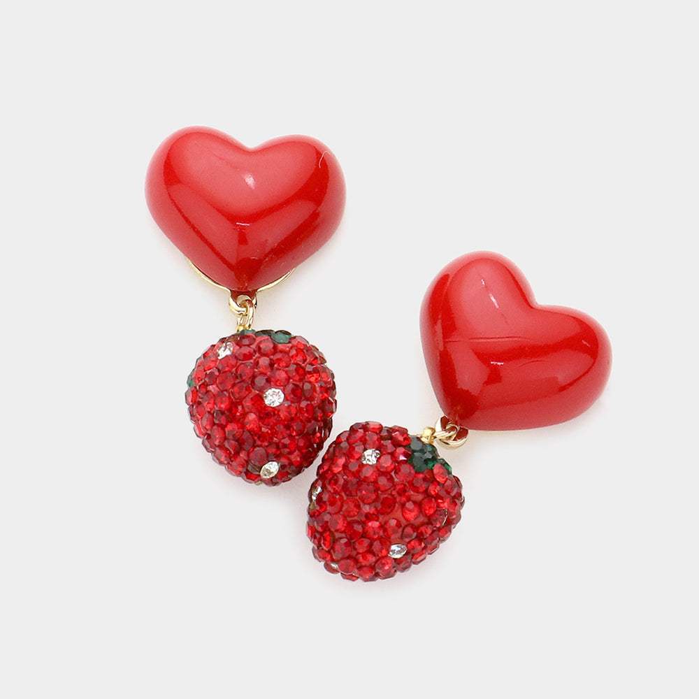 Resin Heart Rhinestone Embellished Strawberry Link Dangle Earrings - Madeline Love - Flyclothing LLC