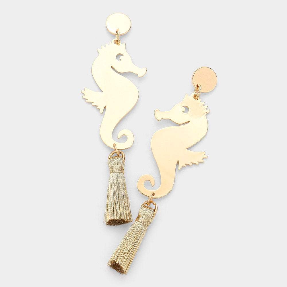 Metal Seahorse Triple Tassel Drop Earrings - Madeline Love - Flyclothing LLC
