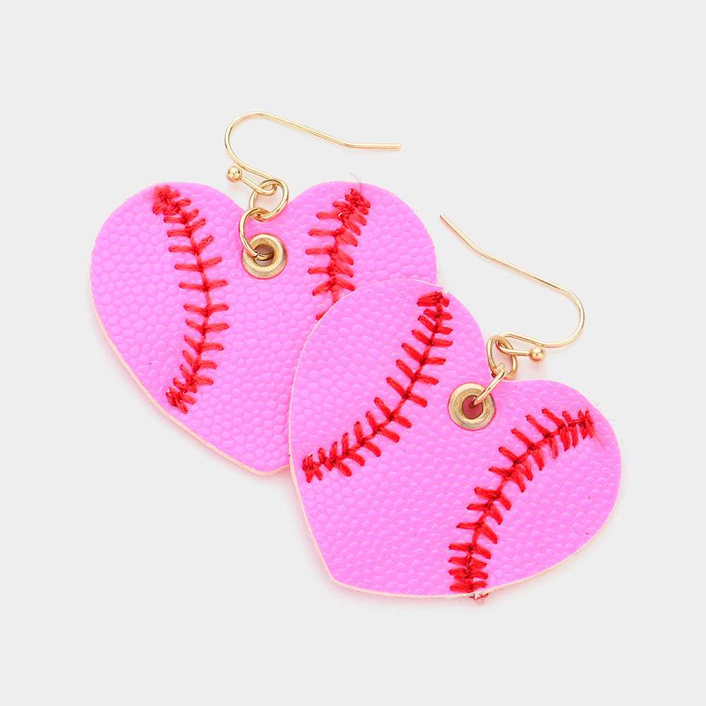 Faux Leather Baseball Heart Dangle Earrings - Madeline Love - Flyclothing LLC