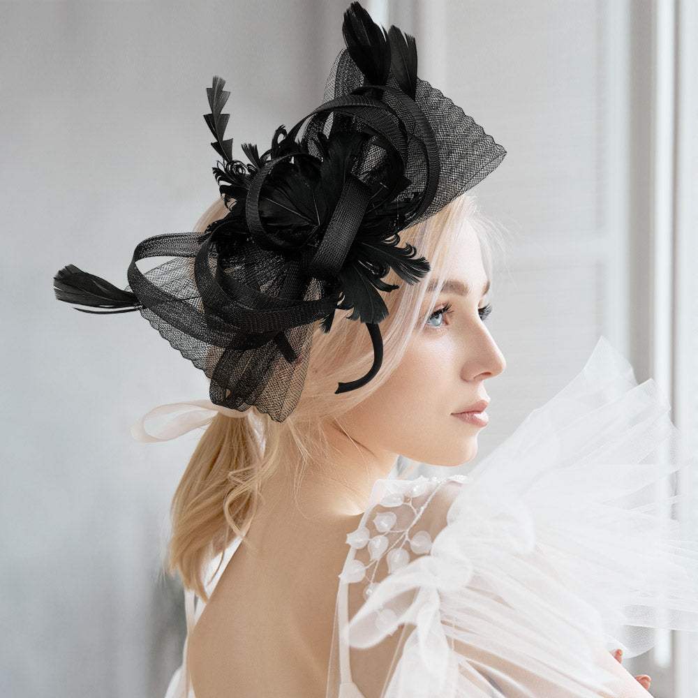 Feather Embellished Mesh Bow Fascinator / Headband - Madeline Love - Flyclothing LLC