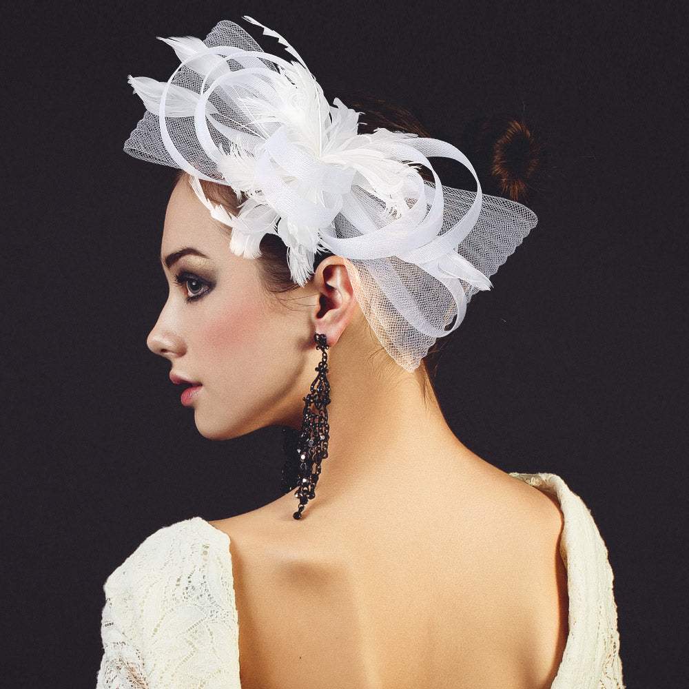 Feather Embellished Mesh Bow Fascinator / Headband - Madeline Love - Flyclothing LLC