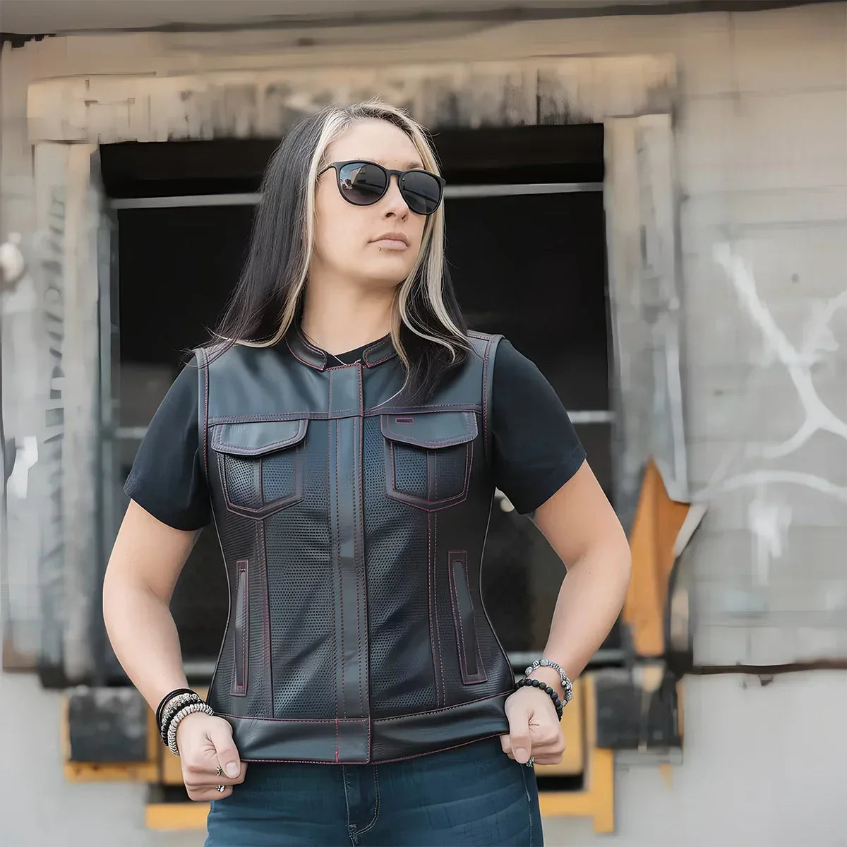 Jessica Perforated Women's Motorcycle Leather Vest - First Manufacturing Company - Flyclothing LLC