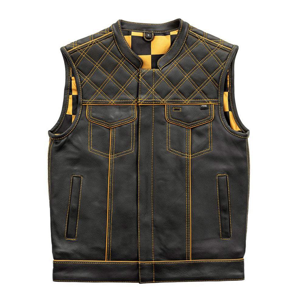 Finish Line - Gold Checker - Men's Motorcycle Leather Vest - First Manufacturing Company - Flyclothing LLC