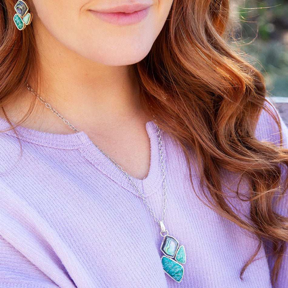 Blue Abalone Fire Sterling Silver Cluster Pendant Necklace - Barse Jewelry - Flyclothing LLC