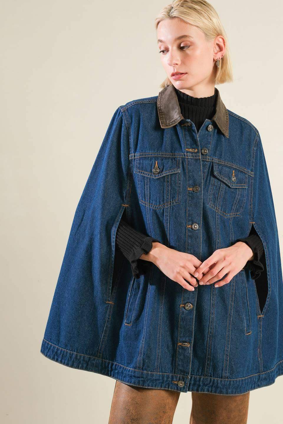 IF THOU MUST LOVE ME DENIM CAPE JACKET - Flying Tomato - Flyclothing LLC