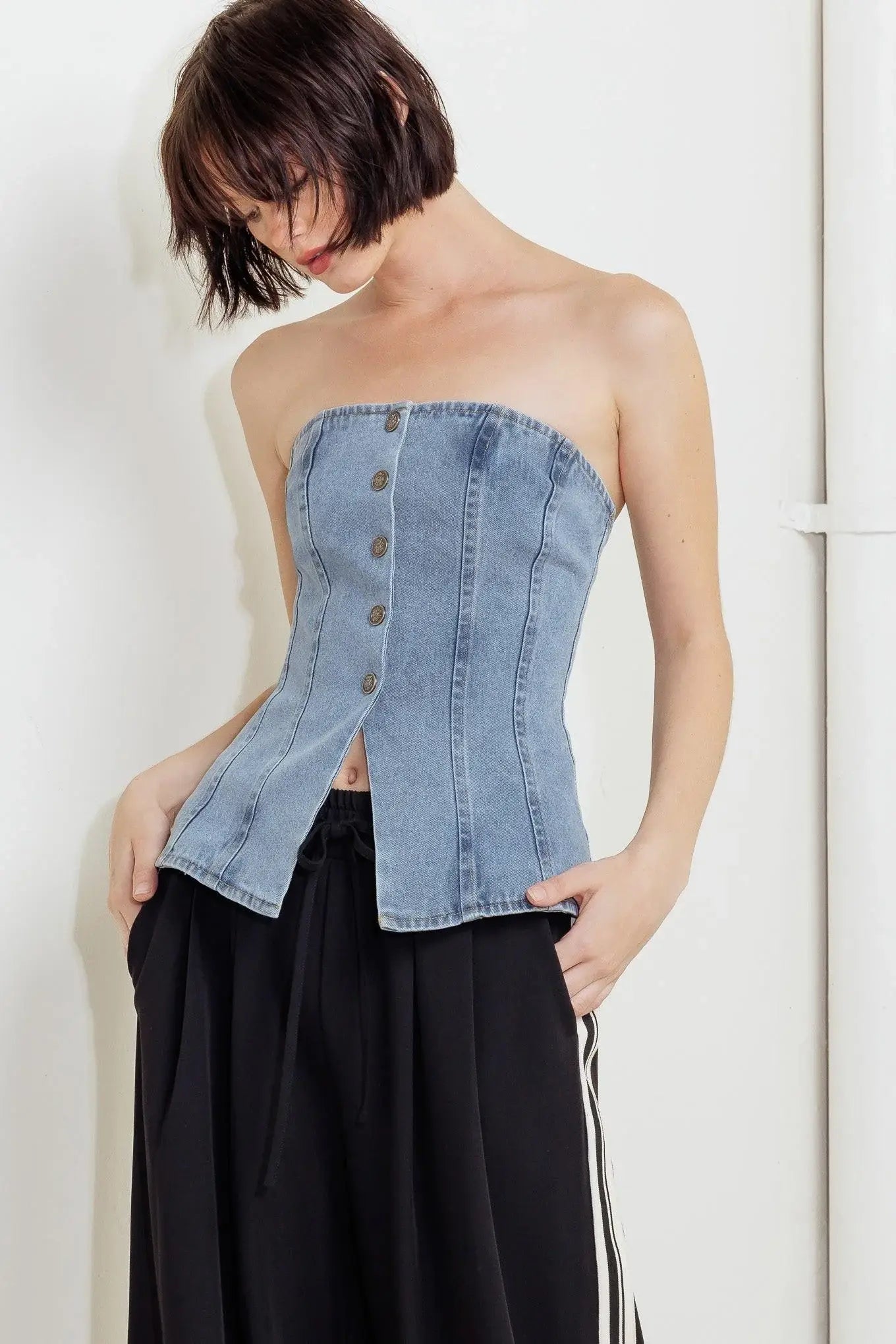 STITCHED SILHOUETTE DENIM TOP - Flying Tomato - Flyclothing LLC