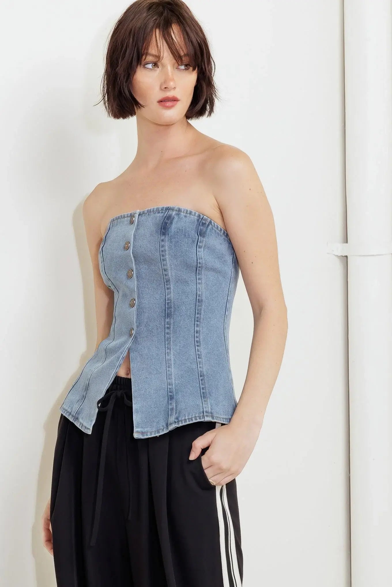 STITCHED SILHOUETTE DENIM TOP - Flying Tomato - Flyclothing LLC