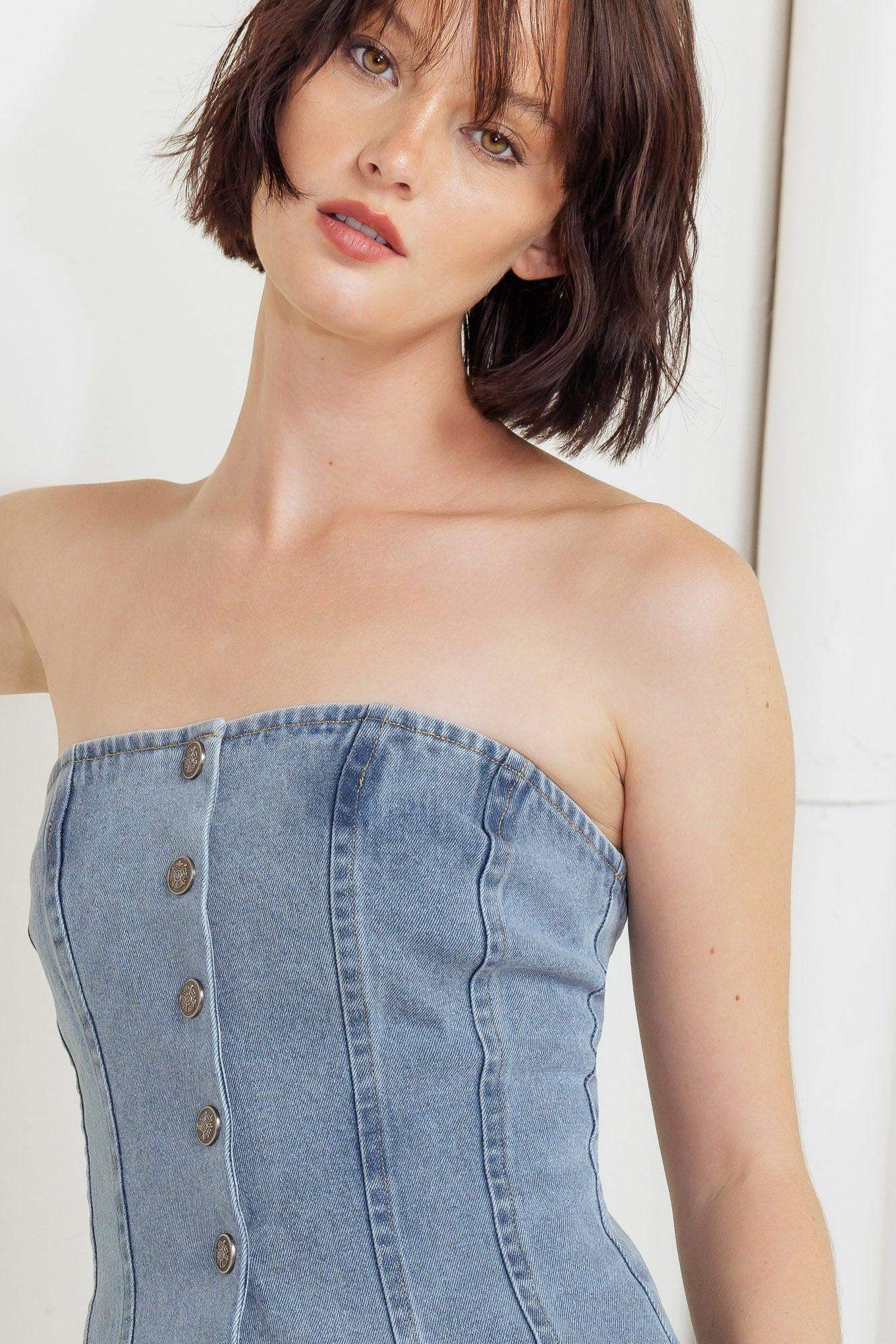 STITCHED SILHOUETTE DENIM TOP - Flying Tomato - Flyclothing LLC