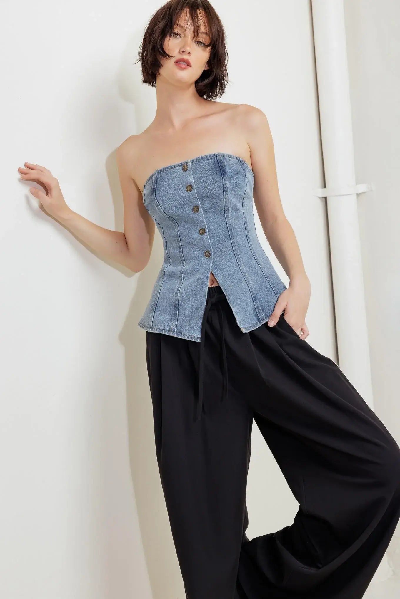 STITCHED SILHOUETTE DENIM TOP - Flying Tomato - Flyclothing LLC
