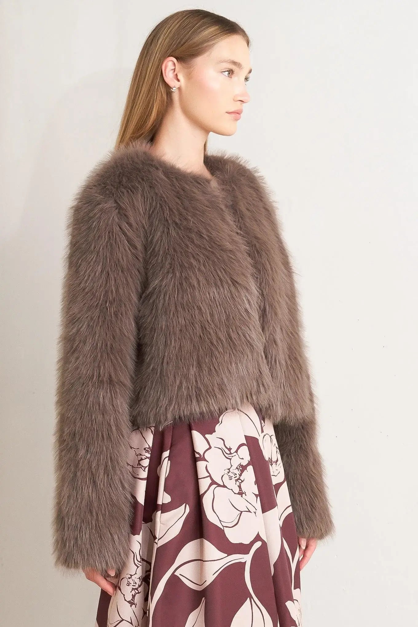 LONDON FLARE MOCHA FAUX FUR CROP JACKET - Flying Tomato - Flyclothing LLC