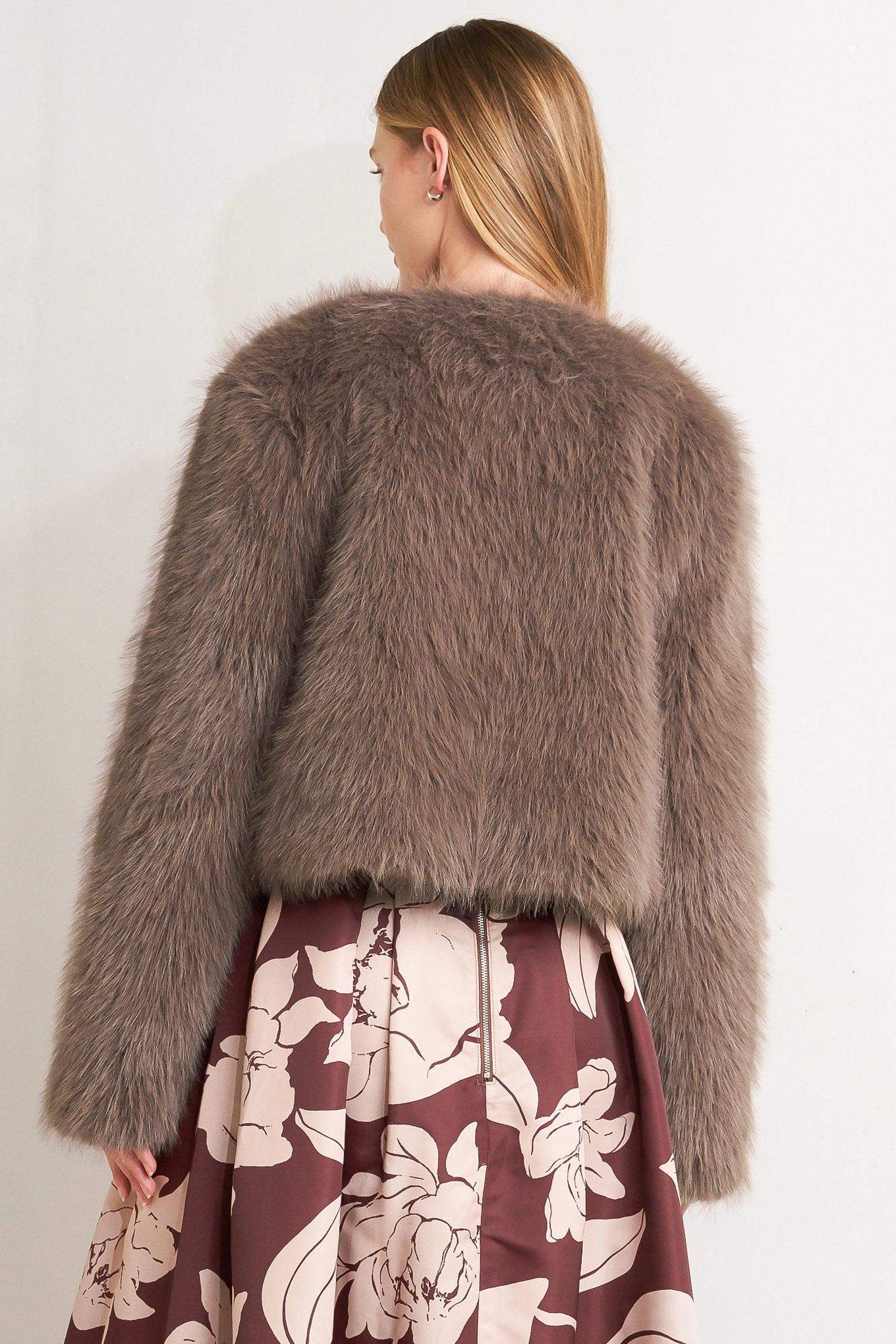 LONDON FLARE MOCHA FAUX FUR CROP JACKET - Flying Tomato - Flyclothing LLC