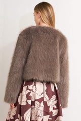 LONDON FLARE MOCHA FAUX FUR CROP JACKET - Flying Tomato - Flyclothing LLC