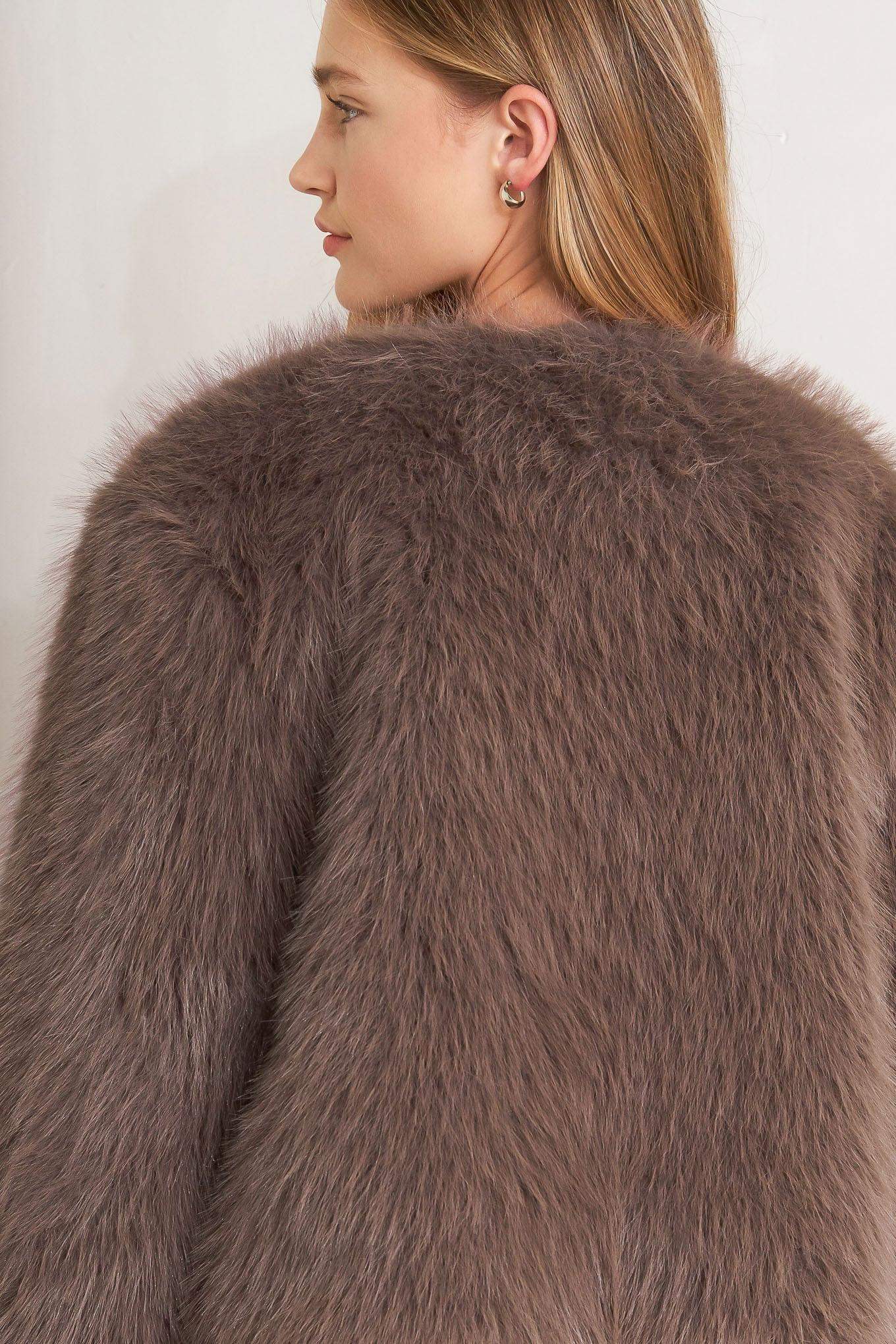 LONDON FLARE MOCHA FAUX FUR CROP JACKET - Flying Tomato - Flyclothing LLC