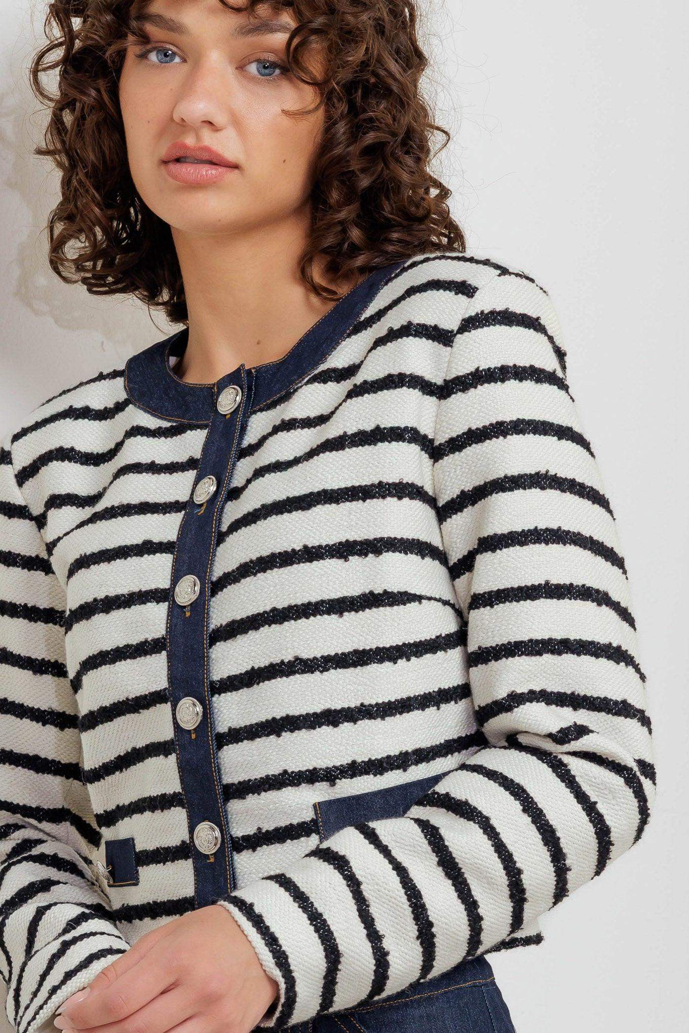 BONJOUR STRIPE WOVEN CROP JACKET - Flying Tomato - Flyclothing LLC