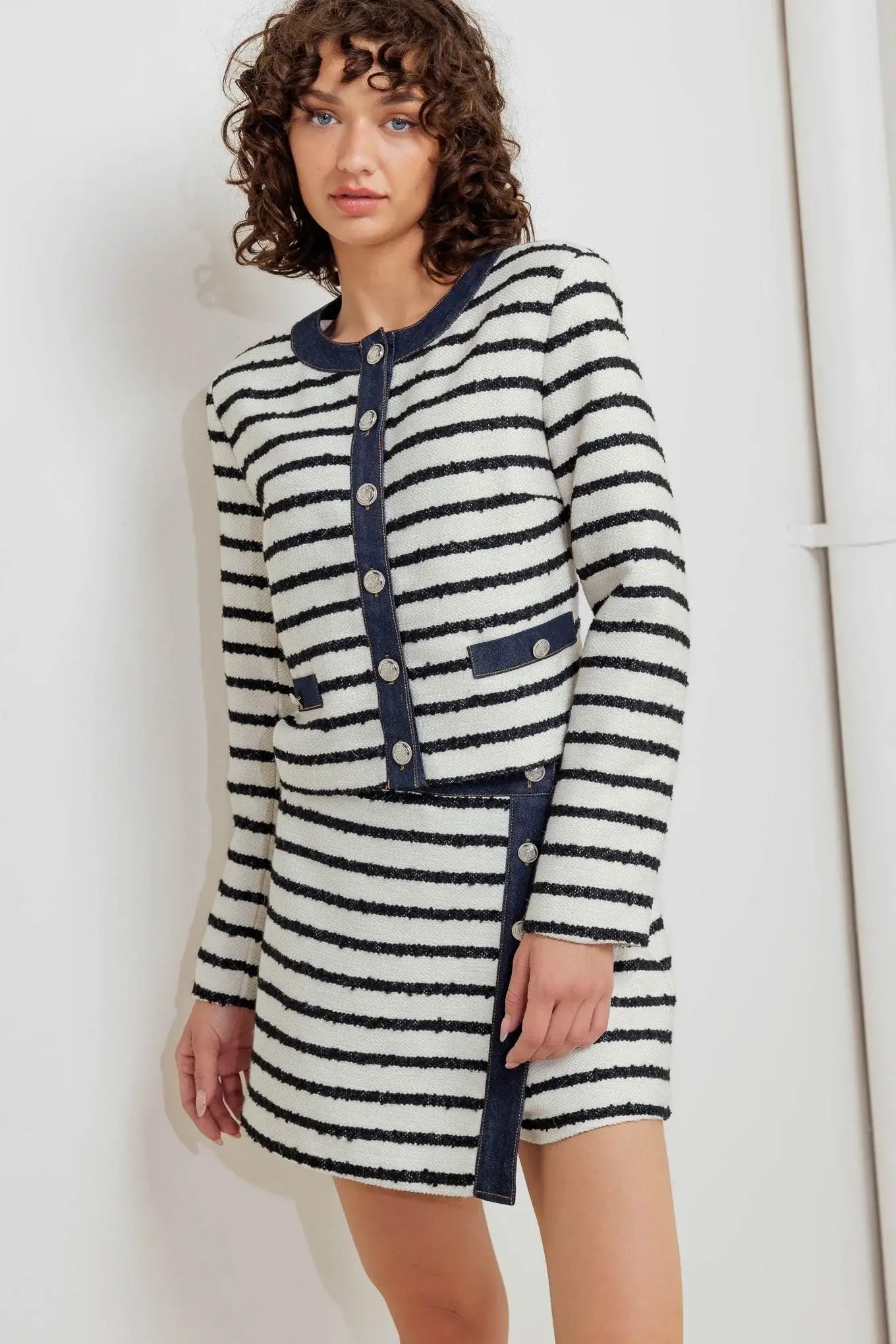 BONJOUR STRIPE WOVEN CROP JACKET - Flying Tomato - Flyclothing LLC