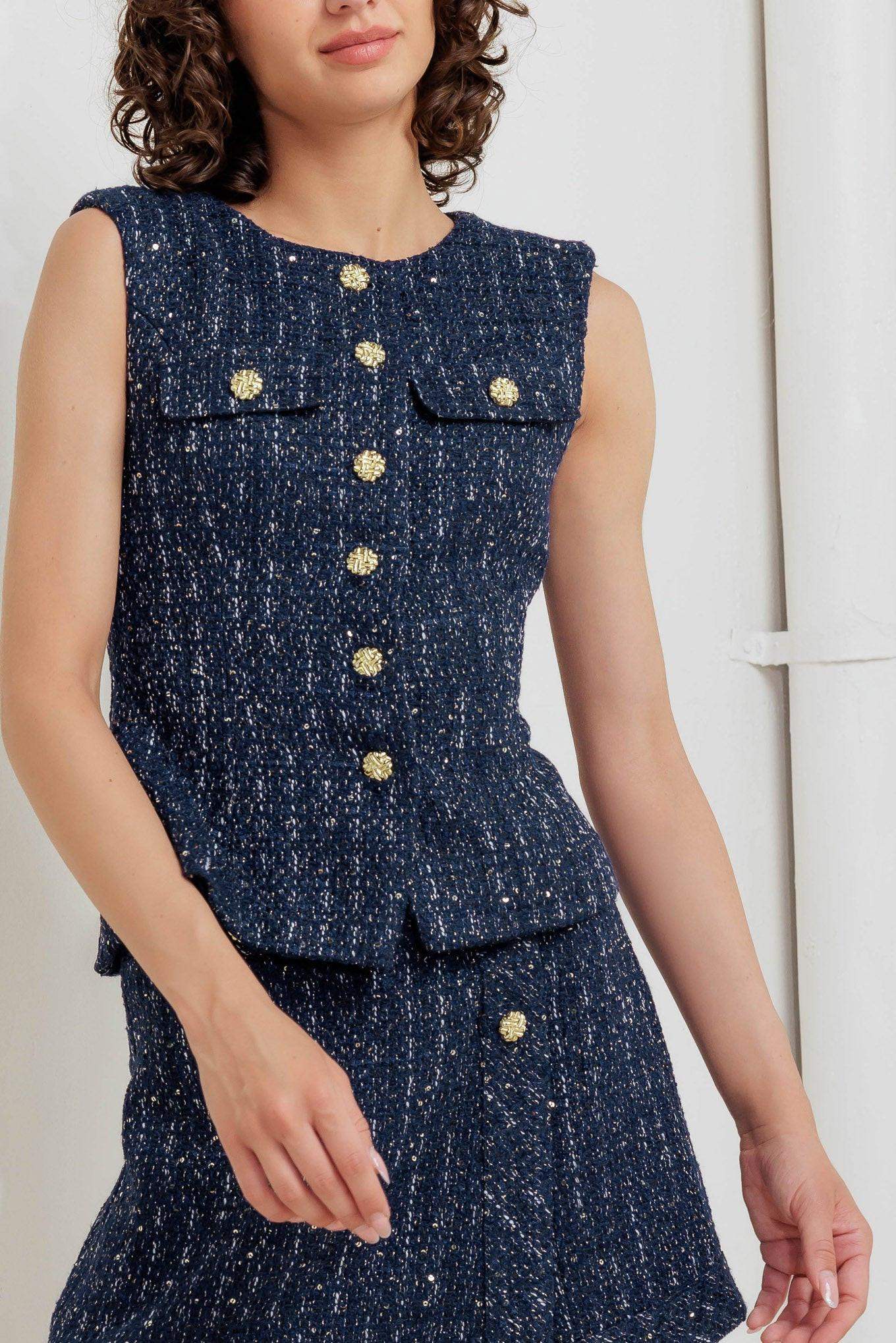 PARISIAN TWEED NAVY WOVEN TWEED VEST - Flying Tomato - Flyclothing LLC