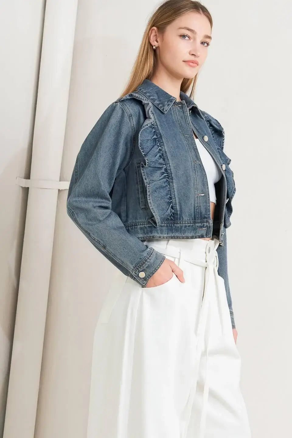 FRENCH FEMME DENIM CROP JACKET - Flying Tomato - Flyclothing LLC