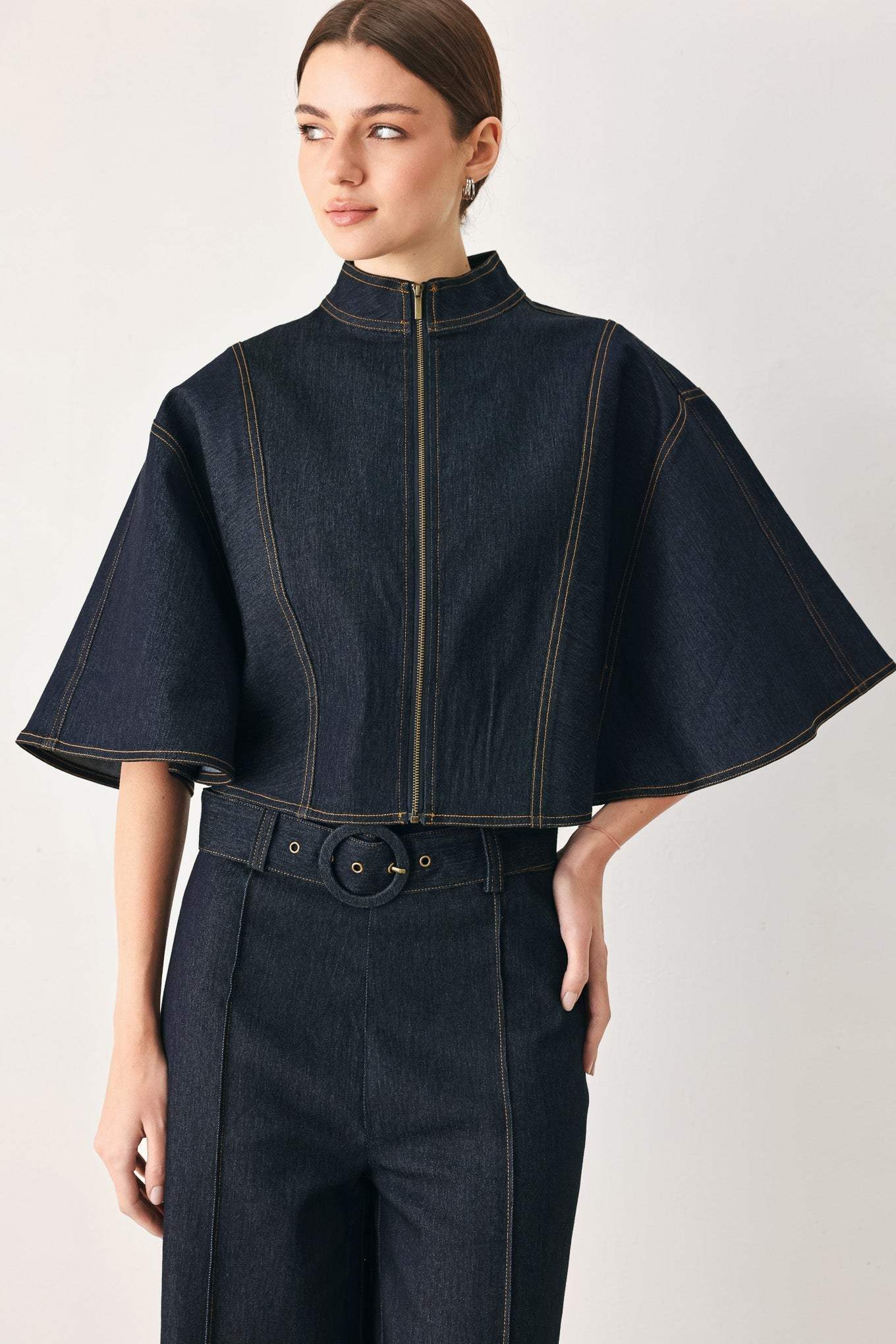 URBAN STITCH WIDE SLEEVE DENIM CAPELET TOP