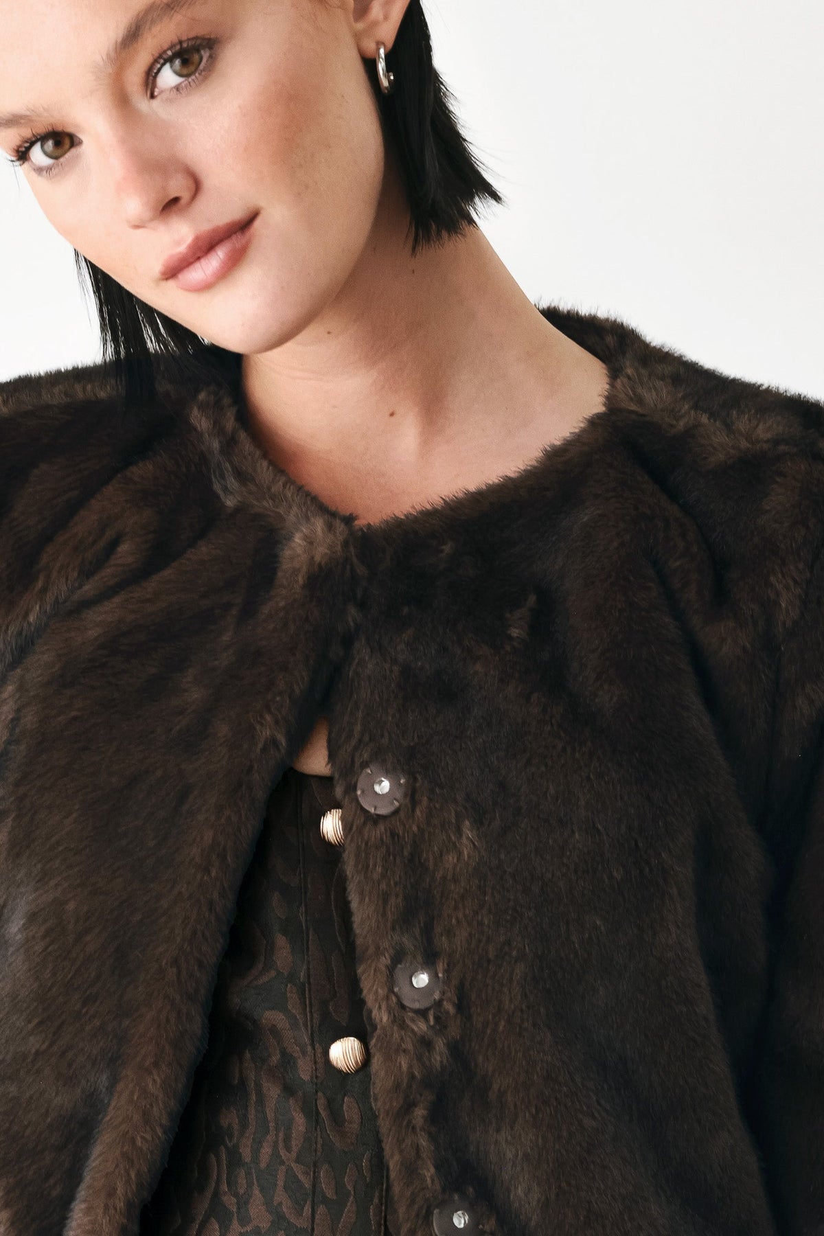 COCOON CHARM BROWN FAUX FUR CROPPED JACKET - Flying Tomato - Flyclothing LLC