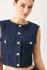 ICONIC INDIGO DENIM CROP VEST - Flying Tomato - Flyclothing LLC
