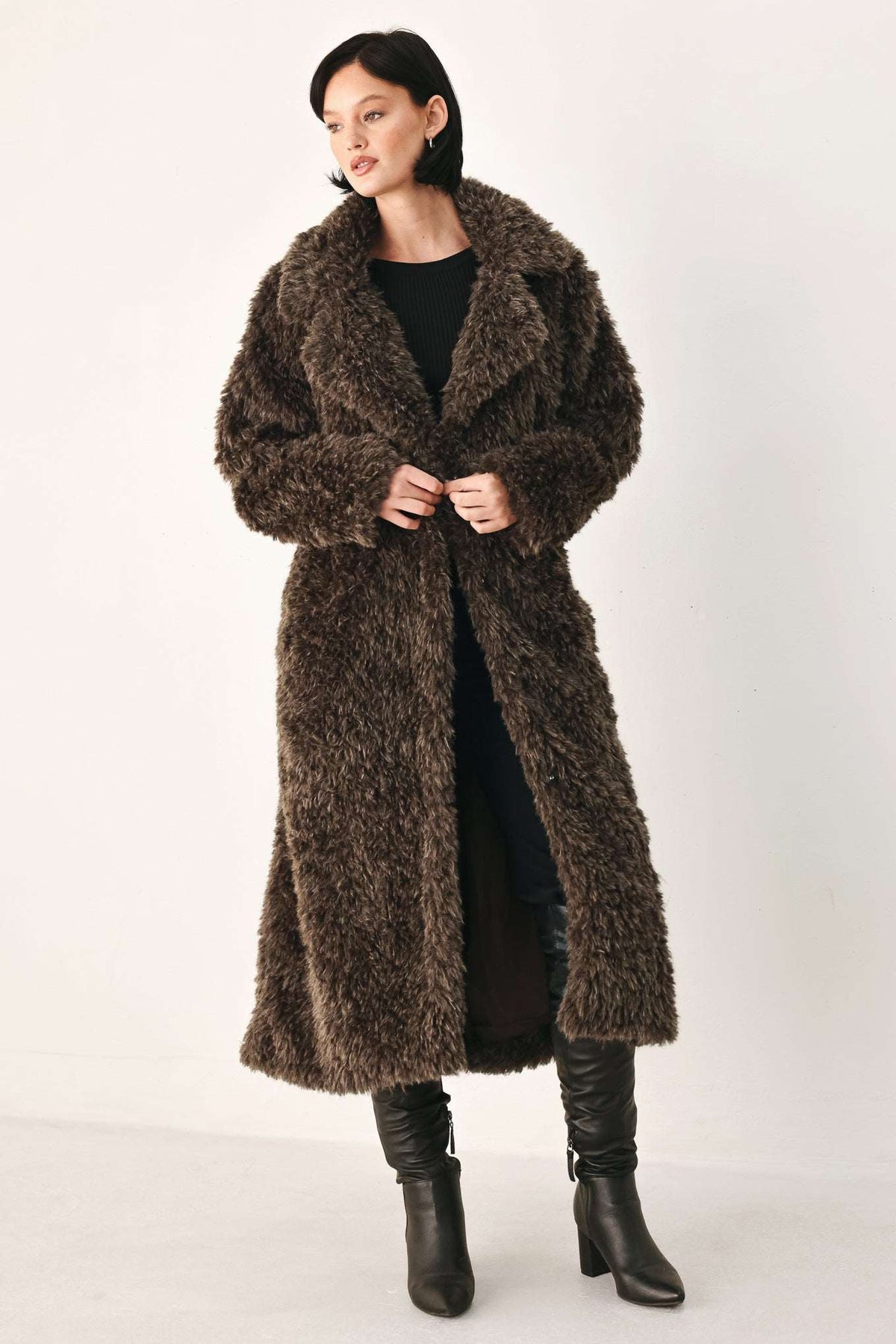 COZY IN THE CITY BELTED FAUX FUR MIDI COAT