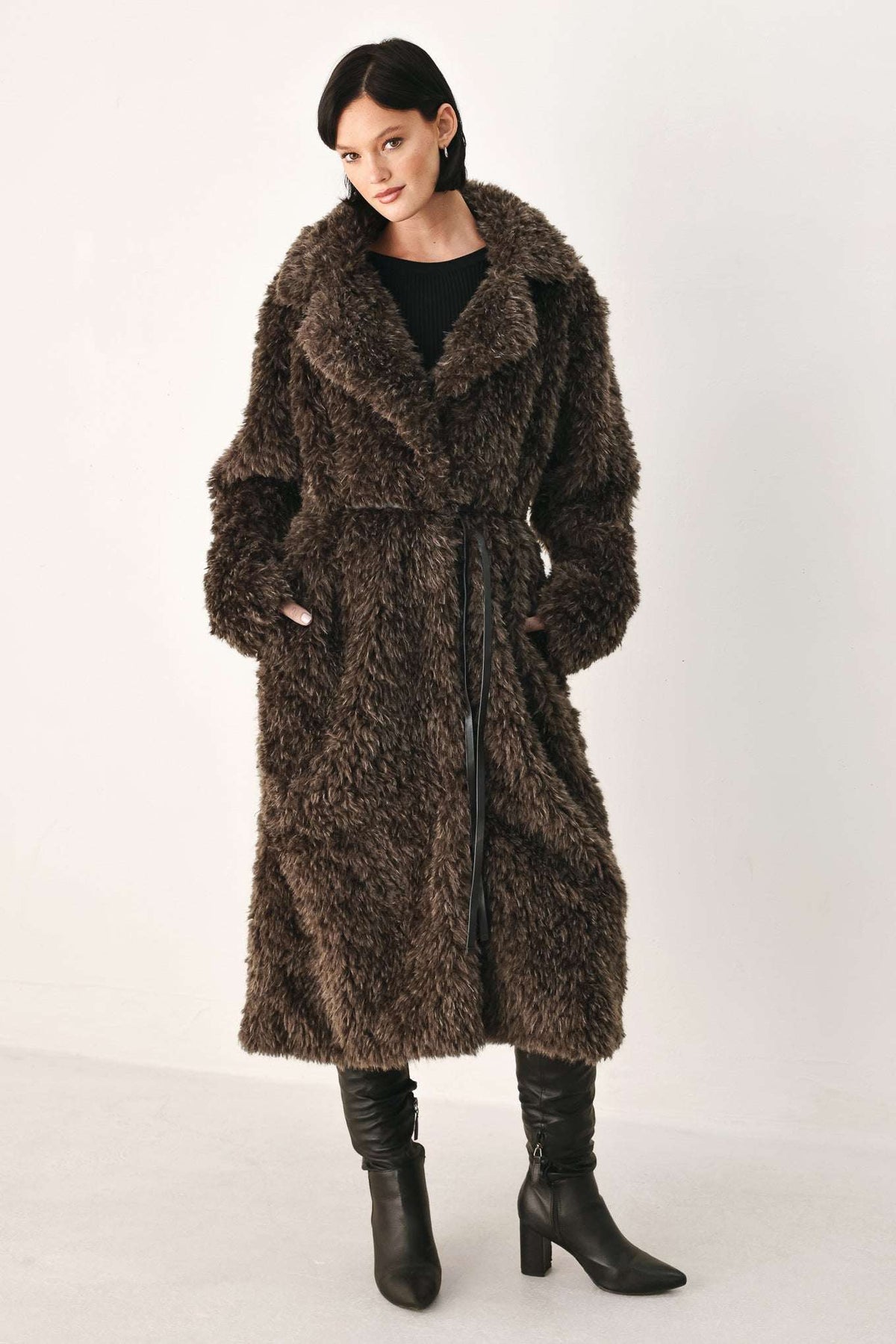 COZY IN THE CITY BELTED FAUX FUR MIDI COAT