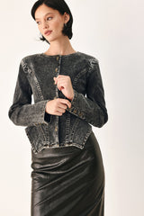DOWNTOWN EDGE ACID WASH PEPLUM JACKET