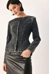 DOWNTOWN EDGE ACID WASH PEPLUM JACKET