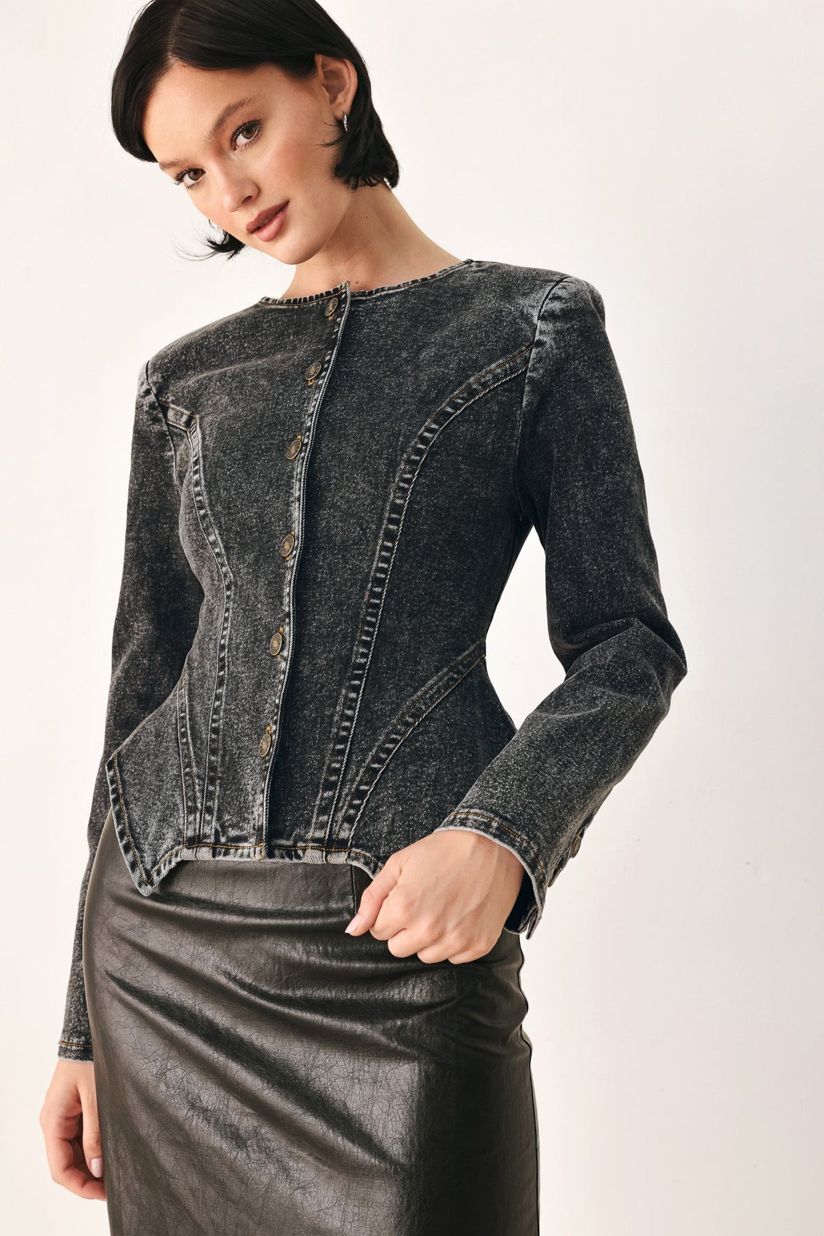 DOWNTOWN EDGE ACID WASH PEPLUM JACKET
