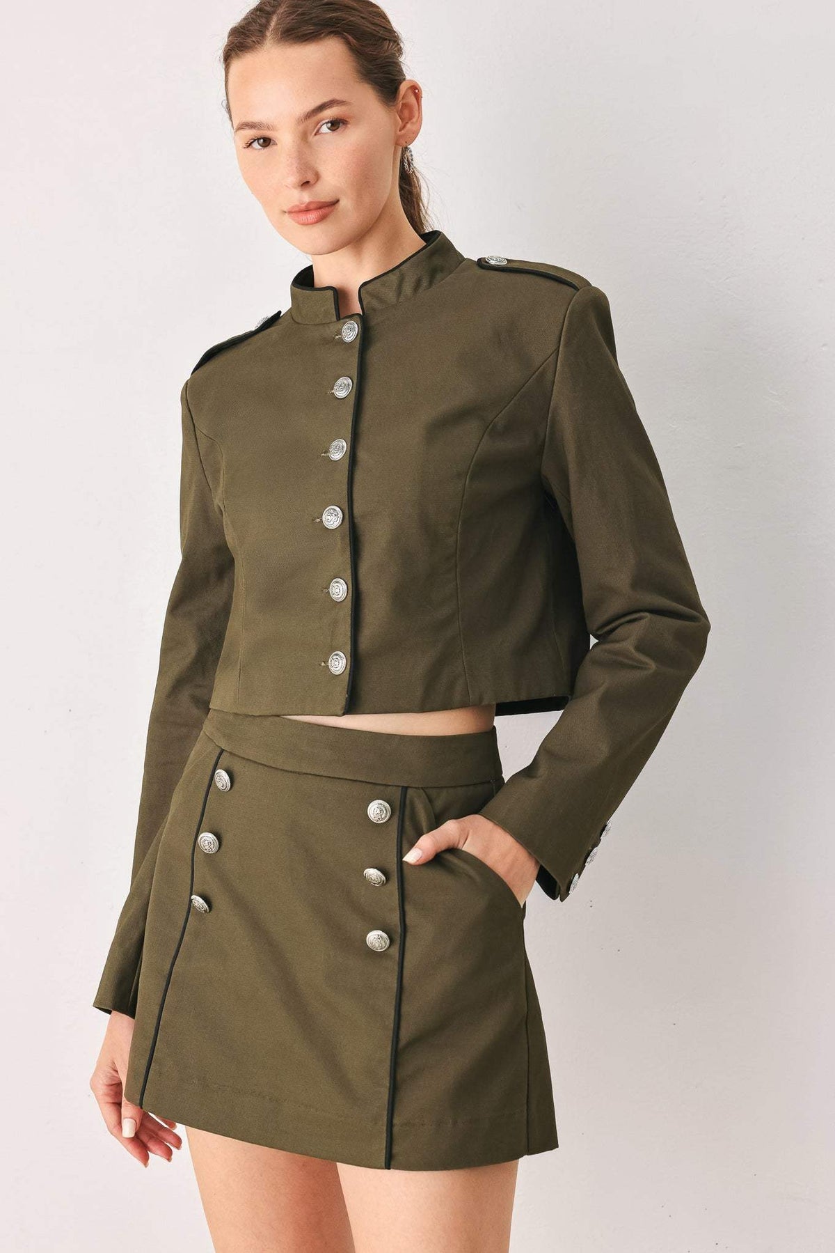 OLIVE CADET WOVEN CROP JACKET - Flying Tomato - Flyclothing LLC