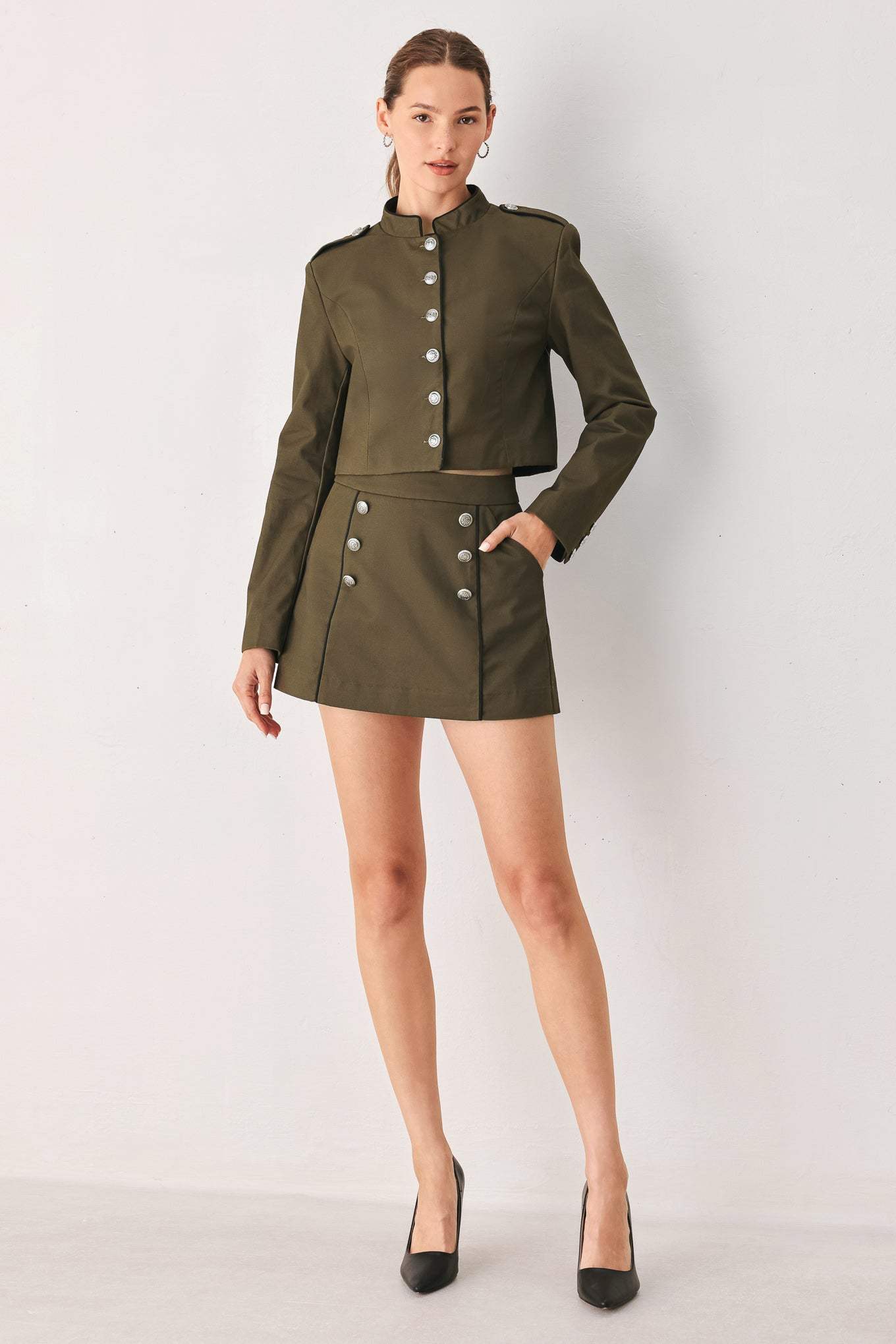 OLIVE CADET WOVEN CROP JACKET - Flying Tomato - Flyclothing LLC