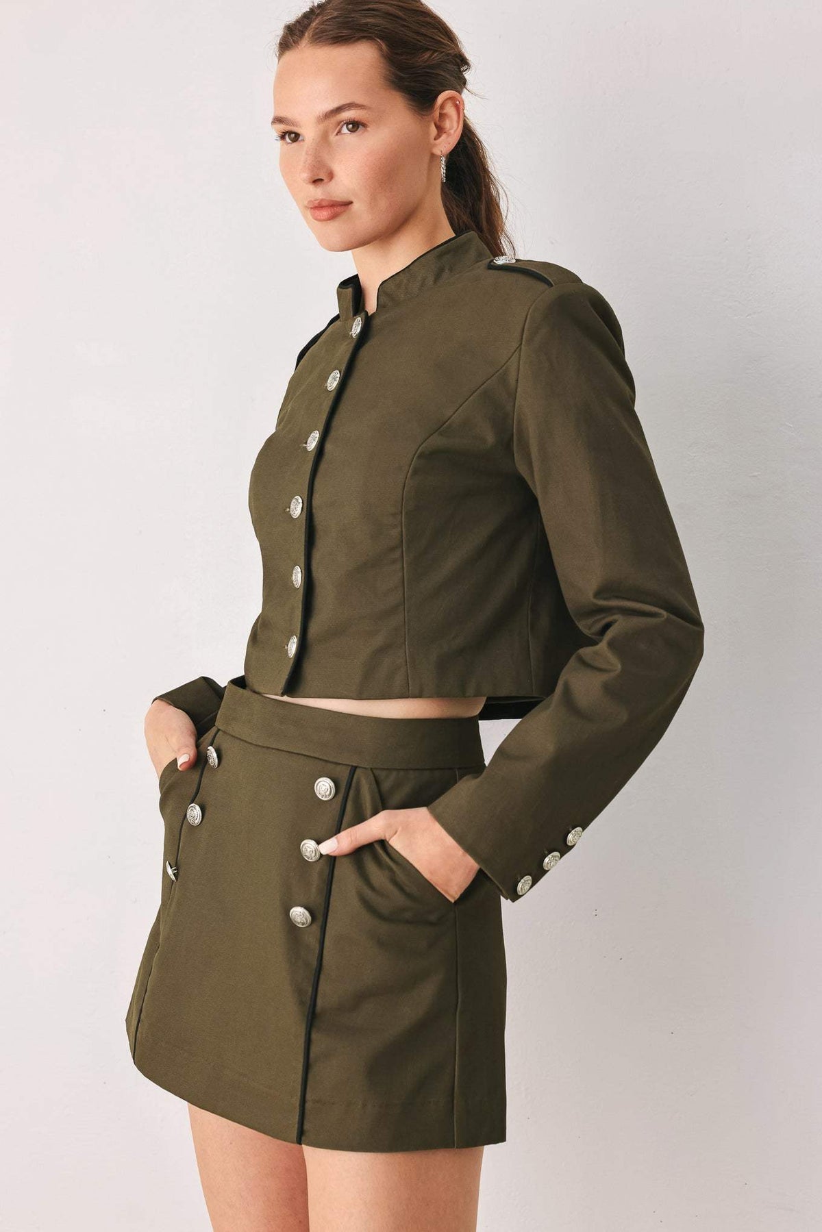 OLIVE CADET WOVEN CROP JACKET - Flying Tomato - Flyclothing LLC