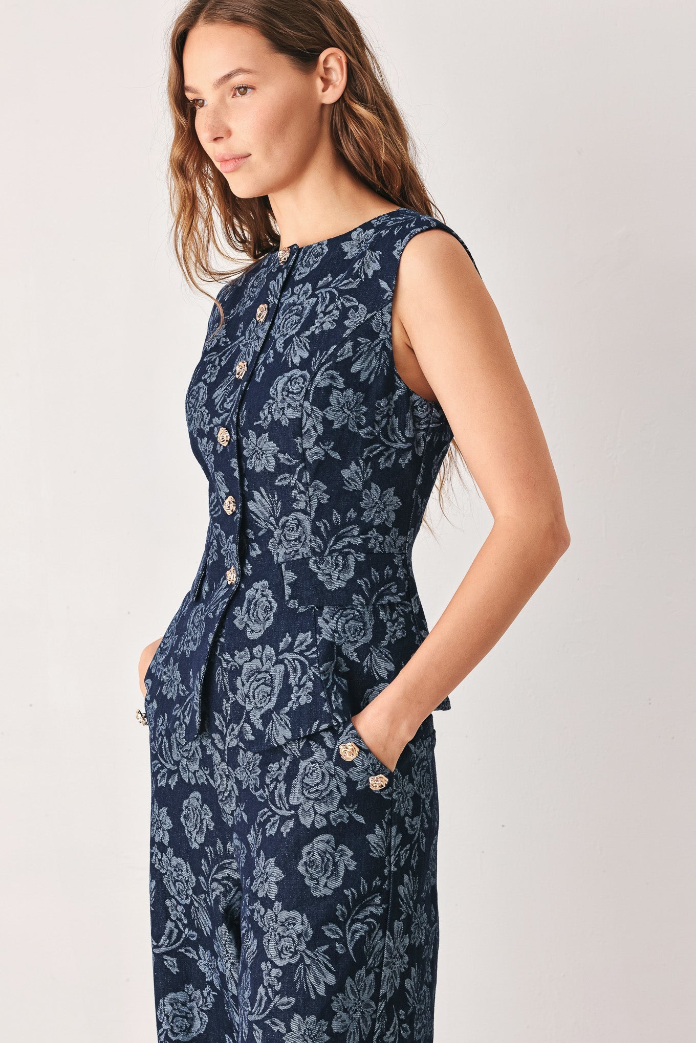 MIDNIGHT ROSE JACQUARD DENIM VEST