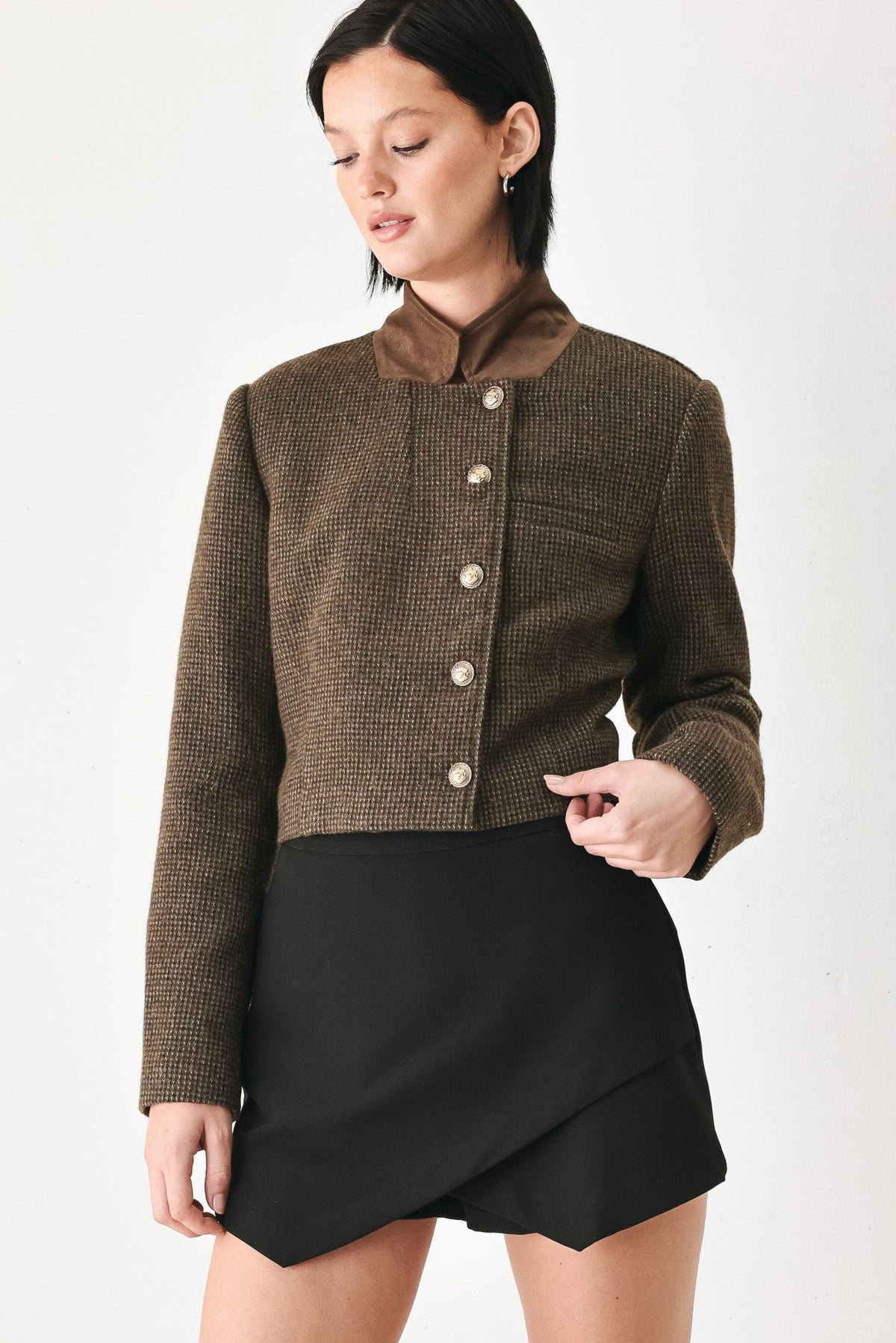 HERITAGE CHARM HOUNDSTOOTH CROP JACKET - Flying Tomato - Flyclothing LLC
