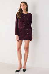 BORDEAUX VELVET BURGUNDY JEWEL-BUTTON CROPPED JACKET - Flying Tomato - Flyclothing LLC