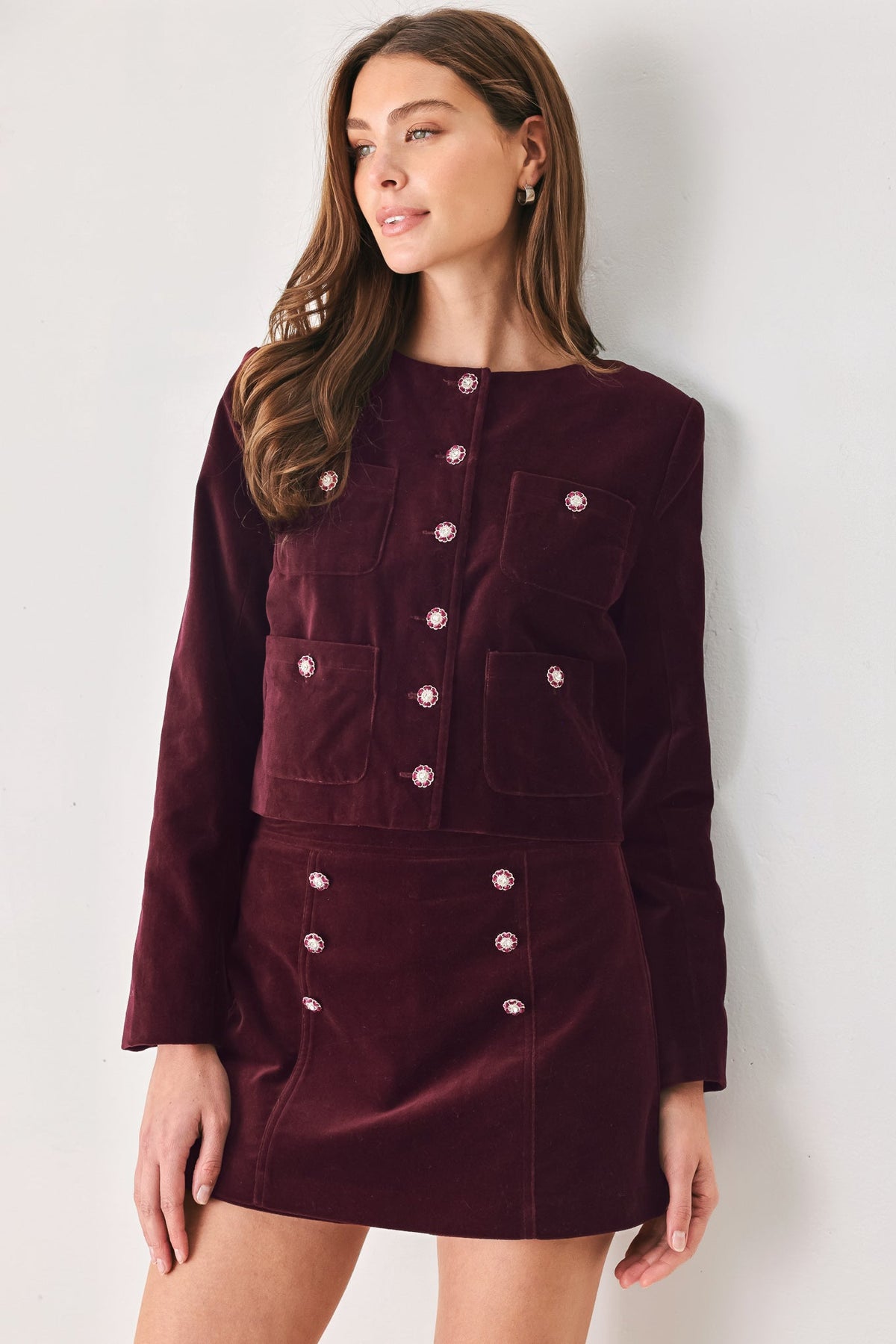 BORDEAUX VELVET BURGUNDY JEWEL-BUTTON CROPPED JACKET - Flying Tomato - Flyclothing LLC
