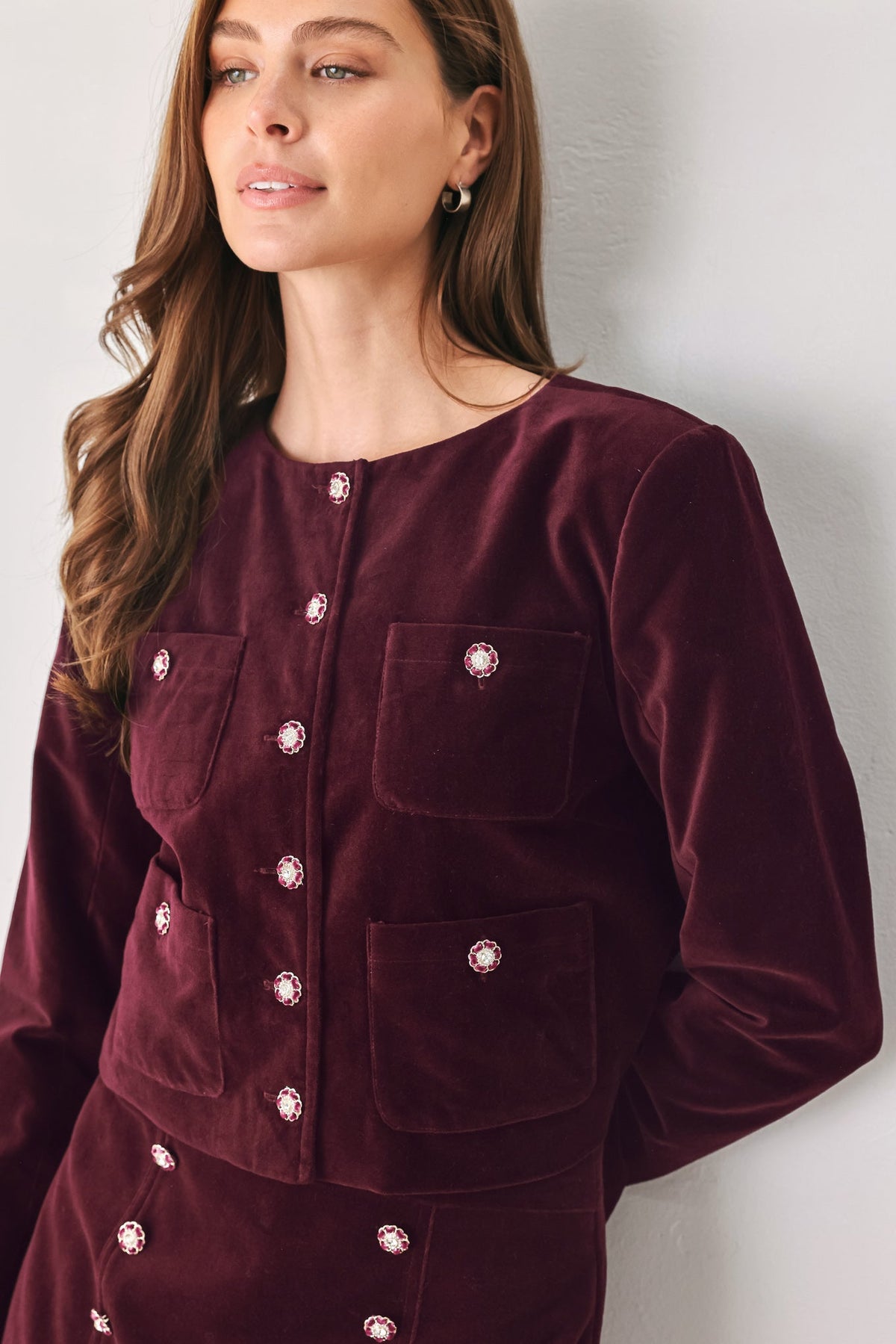 BORDEAUX VELVET BURGUNDY JEWEL-BUTTON CROPPED JACKET - Flying Tomato - Flyclothing LLC